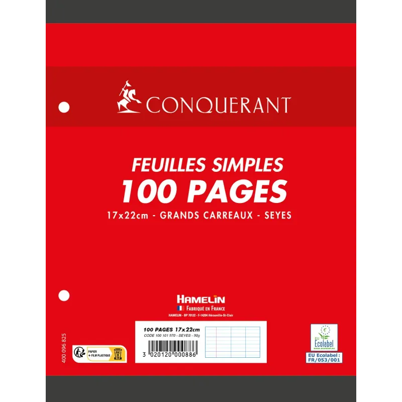 Feuilles Simples 17x22 100 pages 90g Conquerant